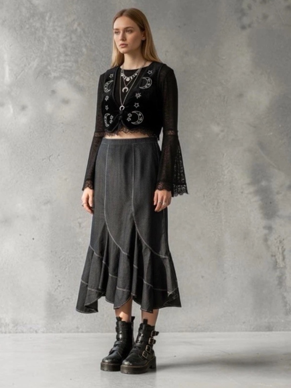 Vtg Y2k Denim Ruffle Midi Skirt Size 10P Black Jean‎ Ruffle Country Cowgirl Boho
